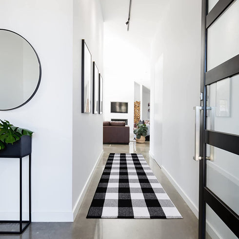 Buffalo Plaid Rug 2 x 6 ft Black and White Checkered Runner Rug Cotton Hand-Woven Indoor Outdoor Rugs for Hallway, Aisle, Kitchen, Laundry