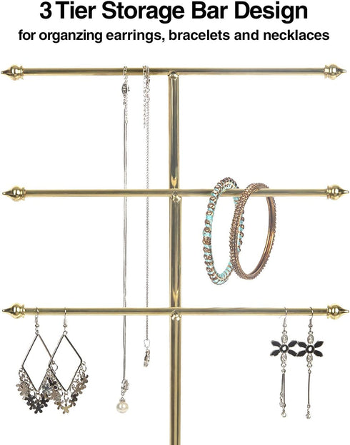 J JACKCUBE DESIGN 3 Tier Gold Metal Jewelry Display Stand Tree Organizer, Holder Rack Hanger Tower for Bracelet Necklace Accessories with Tabletop Earring Ring White Marble Tray Storage- MK516A