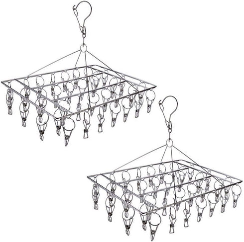 2 Pack Stainless Steel Sock Drying Rack with 72 Clips, Swivel Wind-Proof Hook Clothes Hanger Dryer for Sock, Underwear, Bra, Laundry Accessories
