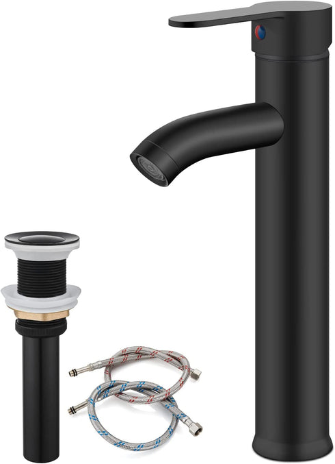 Bathroom Vessel Bowl Sink Faucet Matte Black Single Handle Lavatory Vanity Mixer Bar Tap with Pop Up Drain Combo Tall Spout Single Hole Deck Mount