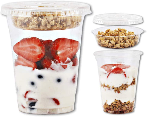 12 oz Clear Plastic Parfait Cups with Insert 3.25oz & Flat Lids No Hole - (20 Sets) Yogurt Fruit Parfait Cups for Kids, for Dips and Veggies, Take Away Breakfast and Snacks. No Leaking