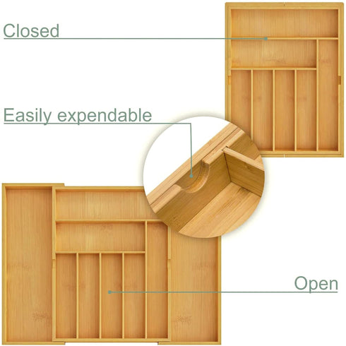 BAMEOS Utensil Drawer Organizer, Cutlery Tray Desk Drawer Organizer Silverware Holder Kitchen Knives Tray Drawer Organizer, 100% Pure Bamboo Expandable Adjustable Cutlery