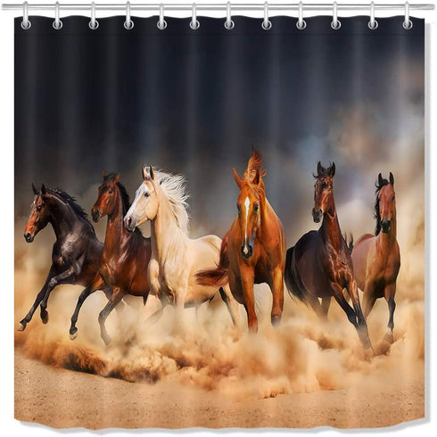 LB Horse Shower Curtain, Western Funny Masculine Stallion Horses Run in Farm Field Animal Farmhouse Shower Curtain Set with Hooks, Waterproof Polyester Horse Fabric Bathroom Decor 72x72 Inch