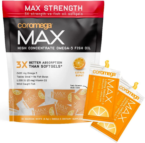 Coromega MAX High Concentrate Omega 3 Fish Oil, 2400mg Omega-3s with 3X Better Absorption Than Softgels, 30 Single Serve Packets, Citrus Burst Flavor; Anti Inflammatory Supplement with Vitamin D