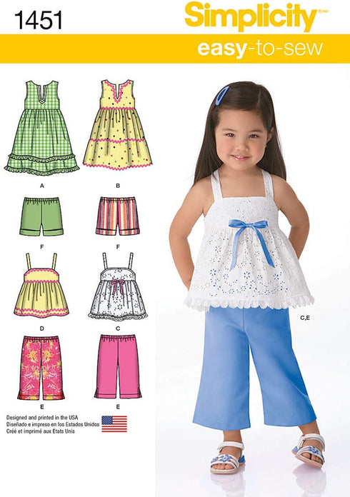 Simplicity 1451 Easy to Sew Toddler Girl's Dress, Top, Cropped Pants, and Shorts Sewing Patterns, Sizes 1/2-4