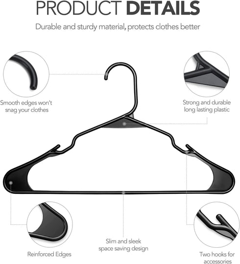 HOUSE DAY Plastic Hangers- 20 Pack-Plastic Clothes Hangers for Skirt Suit Coat, Standard Tubular Plastic Hangers for Clothes (Black)