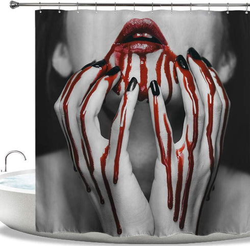 Hiyoo Halloween Horror Scary Bloody Shower Curtain with Hooks, Hallowmas Theme Bathroom Decor Bathtub Waterproof Shower Curtain Sets - Vampire Girl 60" W x 72" L