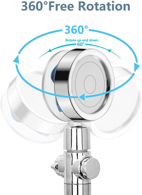 Handheld Shower Head Turbocharged Unique Propeller Design with Filter and Pause Switch Adjustable Flow, 360 Degrees Rotating(Blue)