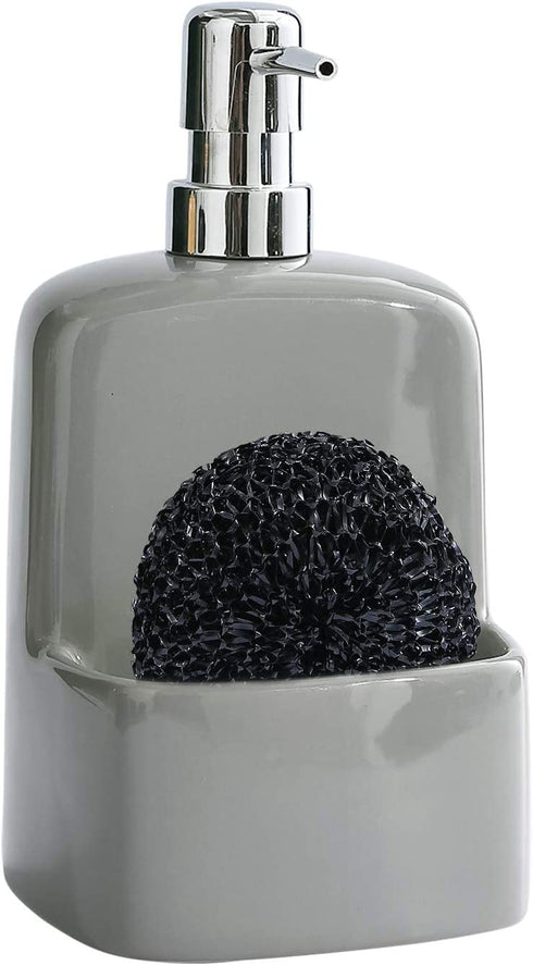 Grey Soap Dispenser for Kitchen Sink - Ceramic Dish Soap Dispenser with Sponge Holder 20 OZ Dish Liquid Dispenser Soap Pump and Sponges Caddy