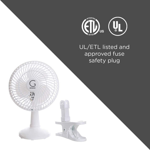 Genesis 6-Inch Clip Convertible Table-Top & Clip Fan Two Quiet Speeds - Ideal For The Home, Office, Dorm, More White (A1CLIPFANWHITE)
