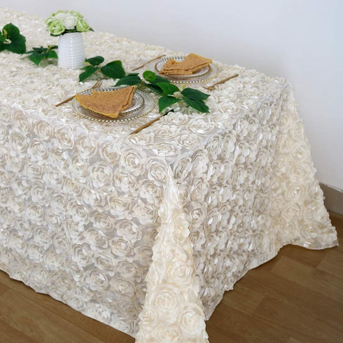 Rosette Tablecloth 50x102 Inches Satin Raised Rosettes Ivory Rectangle 3D Floral Tablecloth for Baby Shower Wedding Party Event Decoration
