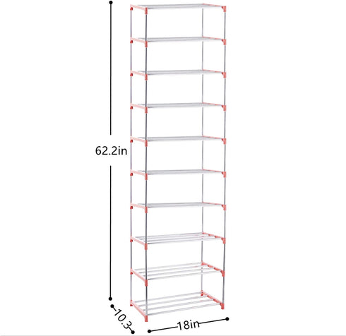Xerhnan 10-Tier Stackable Small Shoe Rack, Lightweight Shoe Shelf Storage Organizer for Entryway, Hallway and Closet (Pink)