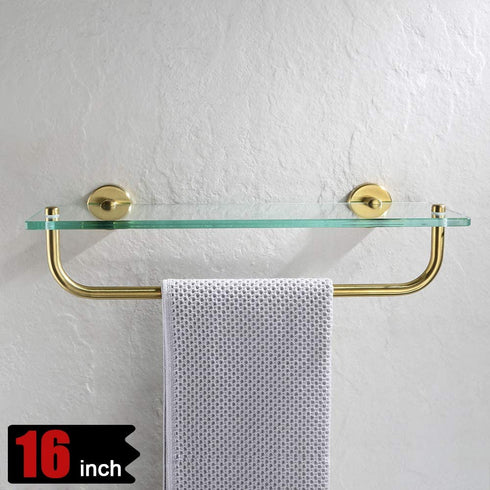JQK Bathroom Glass Shelf, Shelf with 16 Inch Towel Bar Tempered Glass Shower Storage 16 by 5 inches, 304 Stainless Steel Brushed Gold Wall Mount, TGS100-BG