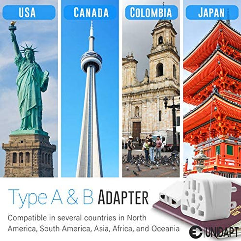 Europe to US Plug Adapter EU/UK/AU/in/CN/JP/Asia/Italy/Brazil to USA (Type A & B) American Travel Adapter and Converter, Wall Outlet Power Charger Converter (White)