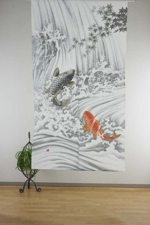 Made in Japan Noren Curtain Tapestry Carp Swimming Up a Waterfall