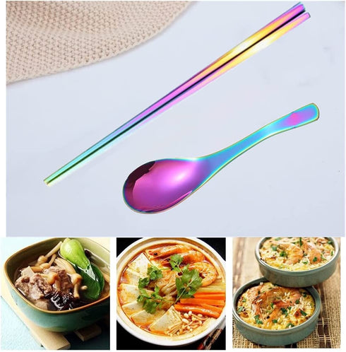 JYJFGSFA Chinese Metal Soup Spoons and Chopsticks Set for 4 People, Reusable Stainless Steel Ramen Short Handle Spoon Set Asian, Christmas Gift Dishwasher Safe (Rainbow) (JYKS)