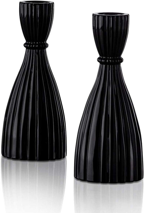 Black Candlestick Holder Set - Glass Taper Candle Holders, Glossy Black Finish, 6 Inch Height, Fits Standard 3/4 Inch Tapered Candles, Modern Kitchen Decor, Halloween Party Centerpiece - Pack of 2