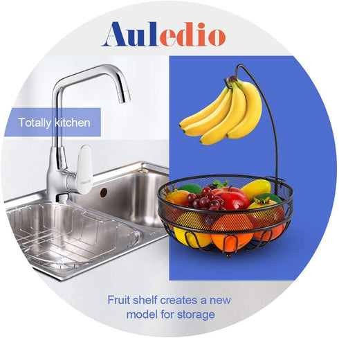 Auledio Fruit Basket Bowl with Banana Tree Hanger, Vegetables Storage Snacks holder Rack Bread Stand