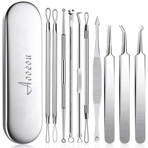 Blackhead Remover Tool, Aooeou Professional Pimple Popper Tool Kit - Treatment for Blemish, Whitehead Popping, Zit Removing for Risk Free Nose Face, Anti-Slip Coating Handle (b-Silver)