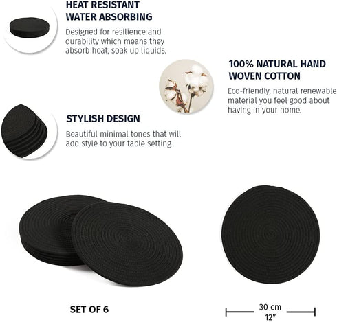 OrganiHaus Cotton Rope Woven Placemats | Round Placemats Set of 6 | Heat Resistant and Absorbent Fabric Rustic Placemats for Dining Table Mats or Countertop Protection - Full Black
