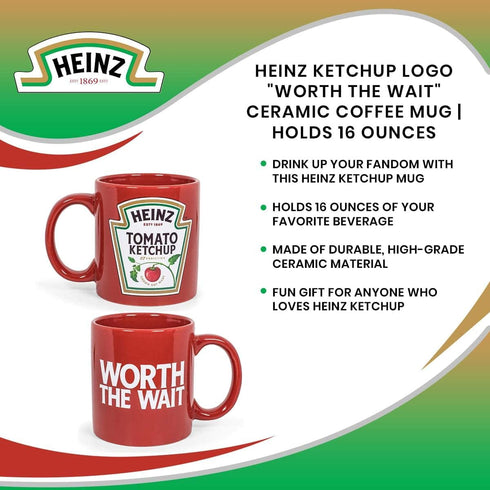 Heinz Ketchup Logo"Worth The Wait" Ceramic Coffee Mug | Collectible Drinkware And Novelty Kitchen Gifts | Oversized Cup For Tea, Cocoa, Hot And Cold Beverages | Holds 16 Ounces