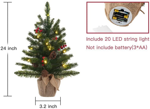 24 Inch 2FT Pre-lit Mini Christmas Tree, DEWBIN Small Christmas Tree with 20 LED Lights and Cloth Bag Base, Tabletop Christmas Pine Tree, Xmas Decorations for Fireplace, Home Decor Indoor