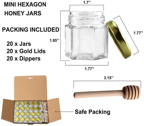 Adabocute 1.5 oz Hexagon Mini Glass Honey Jars with Wooden Dipper, Gold Lids, Gold Bee Pendants, Jutes, 20 Pack- Perfect for Baby Showers, Wedding Favors, Party Favors