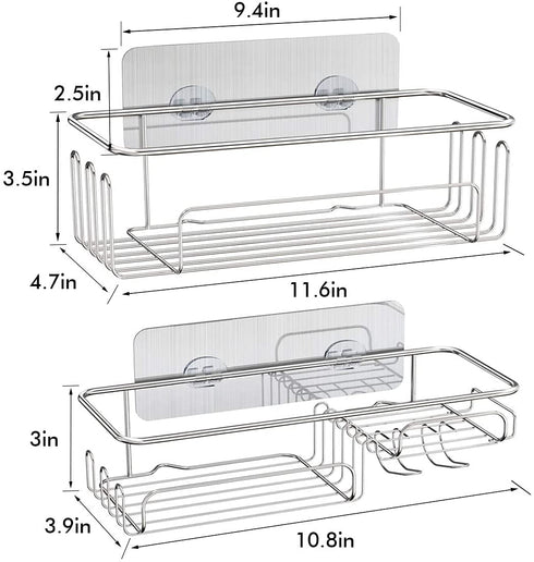 2-pack Shower Caddy Basket Shelf SUS304 Stainless Steel Bathroom Shelf with 11 Hooks ,Bearing 30 pounds, Without Drilling Fixed by Shower Shelf Adhesive Storage,2-in-1 Kitchen Spice Organizer