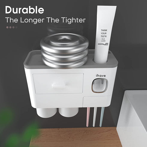 iHave Toothbrush Holders for Bathrooms, 2 Cups Toothbrush Holder Wall Mounted with Toothpaste Dispenser, Large Capacity Tray, Cosmetic Drawer and 6 Brush Slots with Cover Tooth Brush Holder