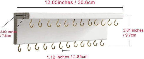 SANY DAYO HOME Jewelry Organizer with 24 Hooks and Cosmetics Shelf, 12 x 3 x 4 inches Wall Mounted Rustic Pine Wood Holder for Necklaces and Bracelets, Suitable for Kids and Adults (Retro White)