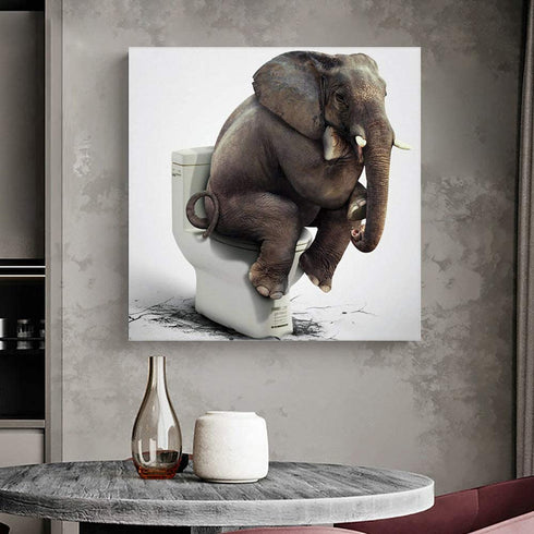 Chucoco Oil Paintings on Canvas Funny Elephant Sitting on the Toilet Abstract Wall Art Print with Framed Ready to Hang, Living Room Kitchen Bedroom Home Decorations 16x16 inch
