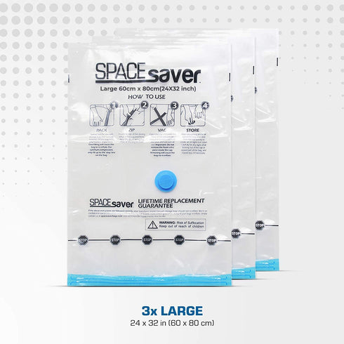 Spacesaver Premium Vacuum Storage Bags. 80% More Storage! Hand-Pump for Travel! Double-Zip Seal and Triple Seal Valve! Vacuum Sealer Bags for Comforters, Blankets, Bedding, Clothing! (Large 3-Pack)