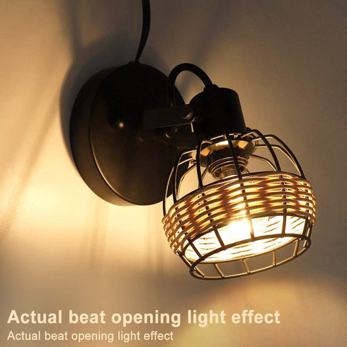 DLLT Wall Spotlight Fixture, Rustic Cage Wall Light with Plug in Cord, Adjustable Flush Mount Track Lighting for Bedside, Headboard Picture, Kitchen, Bedroom, Office, Directional Wall Light, Rattan