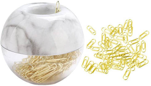 100pcs Standard Gold Paper Clips in Marble Tone Magnetic Paperclips Holders and 50pcs Golden Mini Paper Clip Set for Desk Organizers Gift Idea (Marble Dispenser Set)