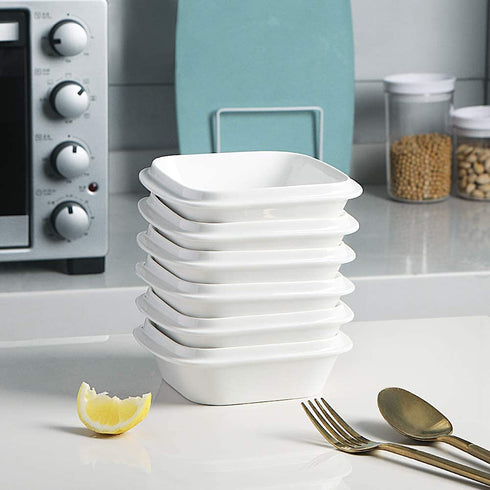 SWEEJAR Porcelain 10oz Square Ramekins with Handle for Baking, Souffle Dishes, Sauce Dishes, Dipping Bowls Stacked for Kitchen Cabinet Set of 6(White)