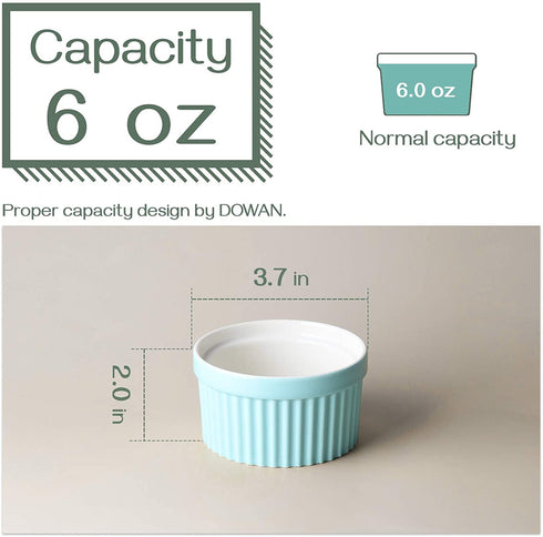 DOWAN Ramekins 6 oz Oven Safe - 6 oz Ramekins for Creme Brulee Souffle, Porcelain Ramekins for Baking, Classic Style Ramekins Bowls, Set of 6, Blue