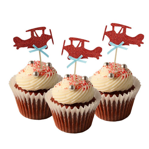 HOKPA Airplane Cupcake Toppers Cake Food Dessert Picks Baby Shower Kids' Boys Birthday Party Decors (24PCS Red)