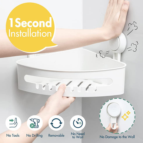 TAILI Suction Corner Shower Caddy Corner Shower Shelf Shower Basket Wall Mounted Shower Holder Organizer for Shampoo, Plastic White Shower Suction Caddy for Kitchen & Bathroom, Drill-Free Removable