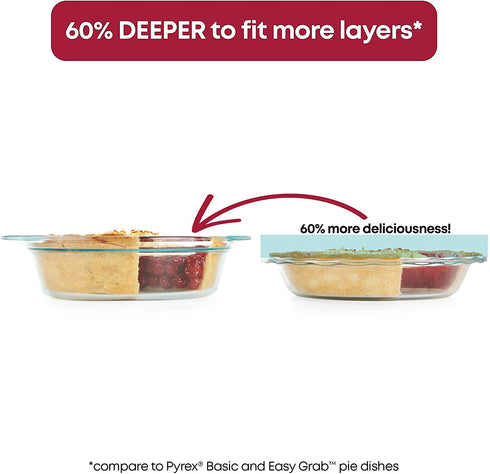 Pyrex | Clear Tempered Glass Pie Baking Dishes | Set of Two| 9.5" Deep, 60% Deeper than Pyrex Basic | Wide Handles for Extra Grip while Cooking & Baking | Doesn't Absorb Food Odors and Stains