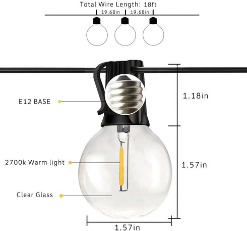 Svater Outdoor String Lights 36FT,2Pack of 18FT with 10 Hanging Socket,10pcs G40 LED Glass Bulbs,Dimmable 1W 2700K Warm White,IP45 Waterproof Indoor/Outdoor Patio Lights