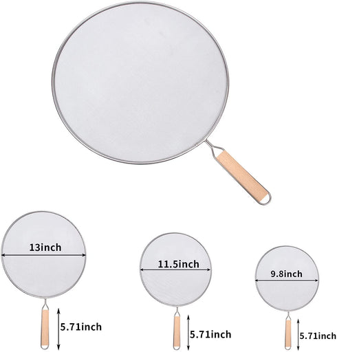 3 Pieces Grease Splatter Screen for Frying Pan, Splatter Guard Mesh Stainless Steel Grease Guard Shield for Kitchen Frying Pan Cooking Supplies Set of 9.8", 11.5" and 13" inch (Wood Handle)