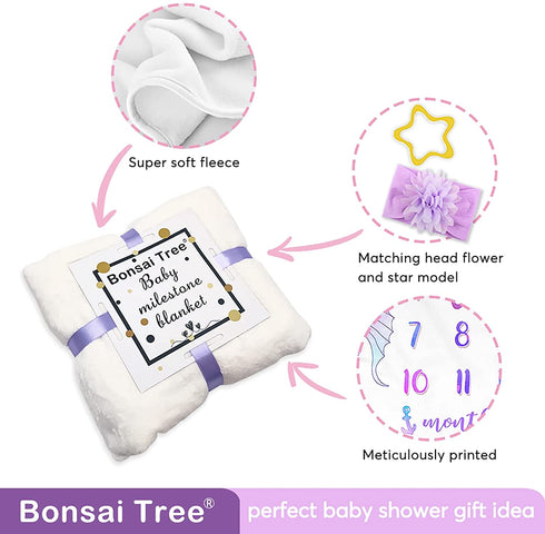 Bonsai Tree Milestone Blanket Baby Girl, Mermaid Baby Monthly Milestone Photo Blanket for Newborn, Thick Fleece Photography Prop for Baby, Includes 1 Frame + 1 Headband, 51?x40?