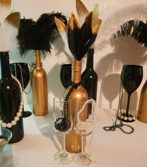 JeVenis 41 PCS Gorgeous Black and Gold Dipped Feather Black Feathers White Pearl Bead Necklaces for 1920's Wedding Cake Decoration Gastby Theme Table Decorations