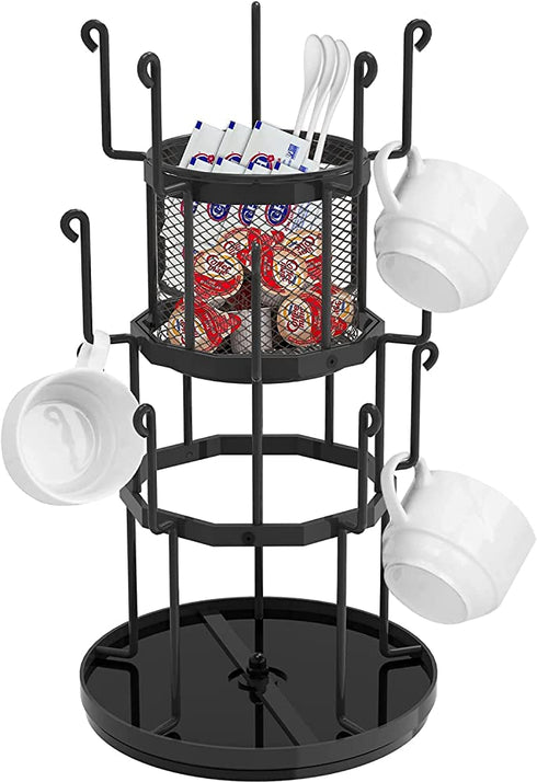 360 Rotating Coffee Mug Holder, Auledio 3 Tier Mug Tree Stand for Counter, Metal Tea Cup Rack Holder Tabletop Mug Display Rack, Holds 15 Mugs, Black