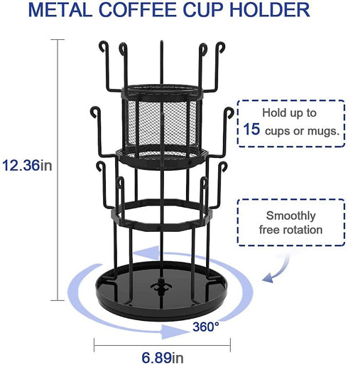 360 Rotating Coffee Mug Holder, Auledio 3 Tier Mug Tree Stand for Counter, Metal Tea Cup Rack Holder Tabletop Mug Display Rack, Holds 15 Mugs, Black