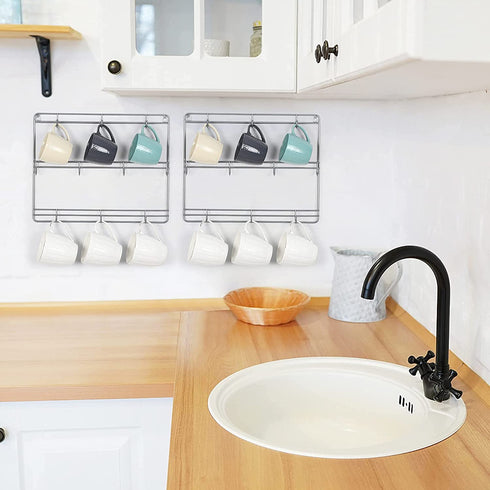 MOOACE 2 Pack Mug Rack Cup Holder, 3 Tier Metal Wall Mounted Coffee Mug Storage Rack with 10 Hooks, Cup Display Organizer for Coffee Mugs, Tea Cups, Mason Jars and More (Silver)