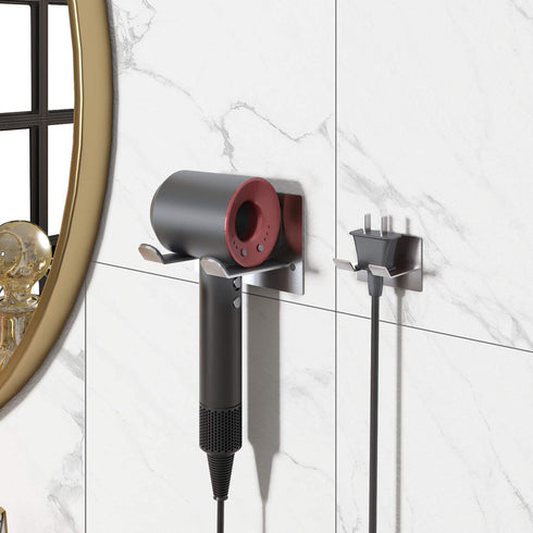 FLE Hair Dryer Holder, New Upgrade Wall Mount Self Adhesive - Blow Dryer Holder Punching or Self-Adhesive Two Ways to Use and Fit for Most Hair Dryers