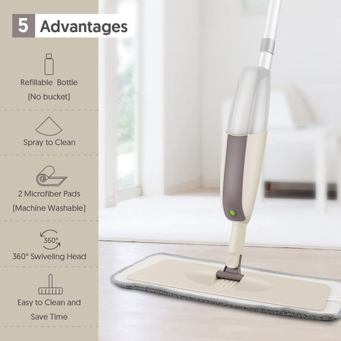 HOMTOYOU Spray Mop Upgrade for Floor Cleaning - Floor Mop with a Refillable Spray Bottle and 3 Washable Pads, Flat Mop for Home Kitchen Hardwood Laminate Wood Ceramic Tiles Floor Cleaning