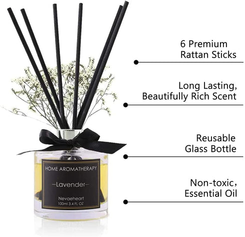 NEVAEHEART Reed Diffuser, Lavender Fragrance Diffuser, 3.4 oz(100ml), Aromatherapy Diffuser Sticks, Scented Oil Diffuser Sticks, Reed Diffuser Set, Home Fragrance with Gift Box