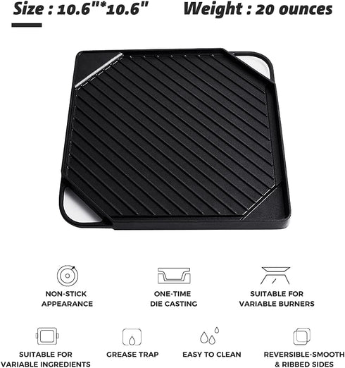 Youtian Reversible Griddles/Grill,2-in-1 Double Use,Non-Stick Aluminum Stove Top Portable for Camping,Square Shaped Black